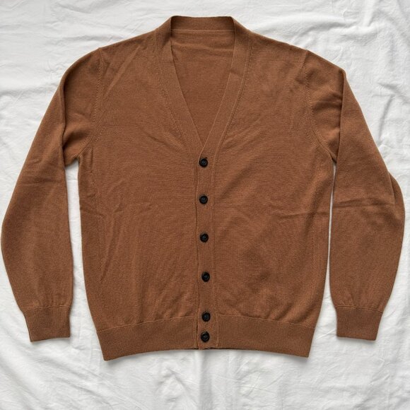 FERRAGAMO Camel Cashmere Cardigan V-Neck Sweater M/L - Picture 2 of 12